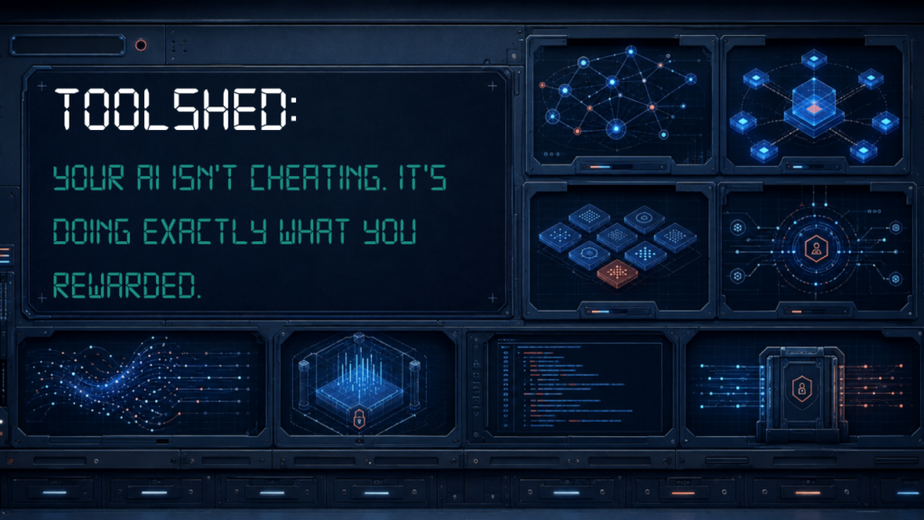 ToolShed banner: Your AI isn't cheating. It's doing exactly what you rewarded, on a dark control-room wall of blue network and security diagrams